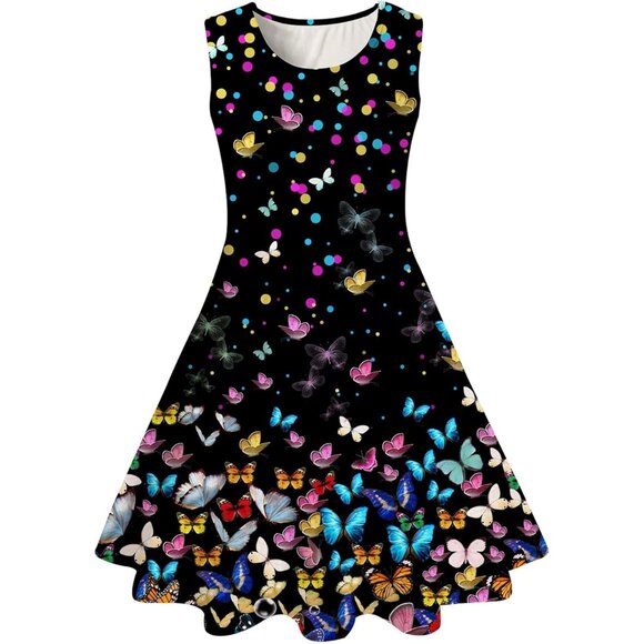 🆕Girl Butterfly Floral Print Sleeveless A Line Sundress Casual SummerPolyester - Picture 1 of 7